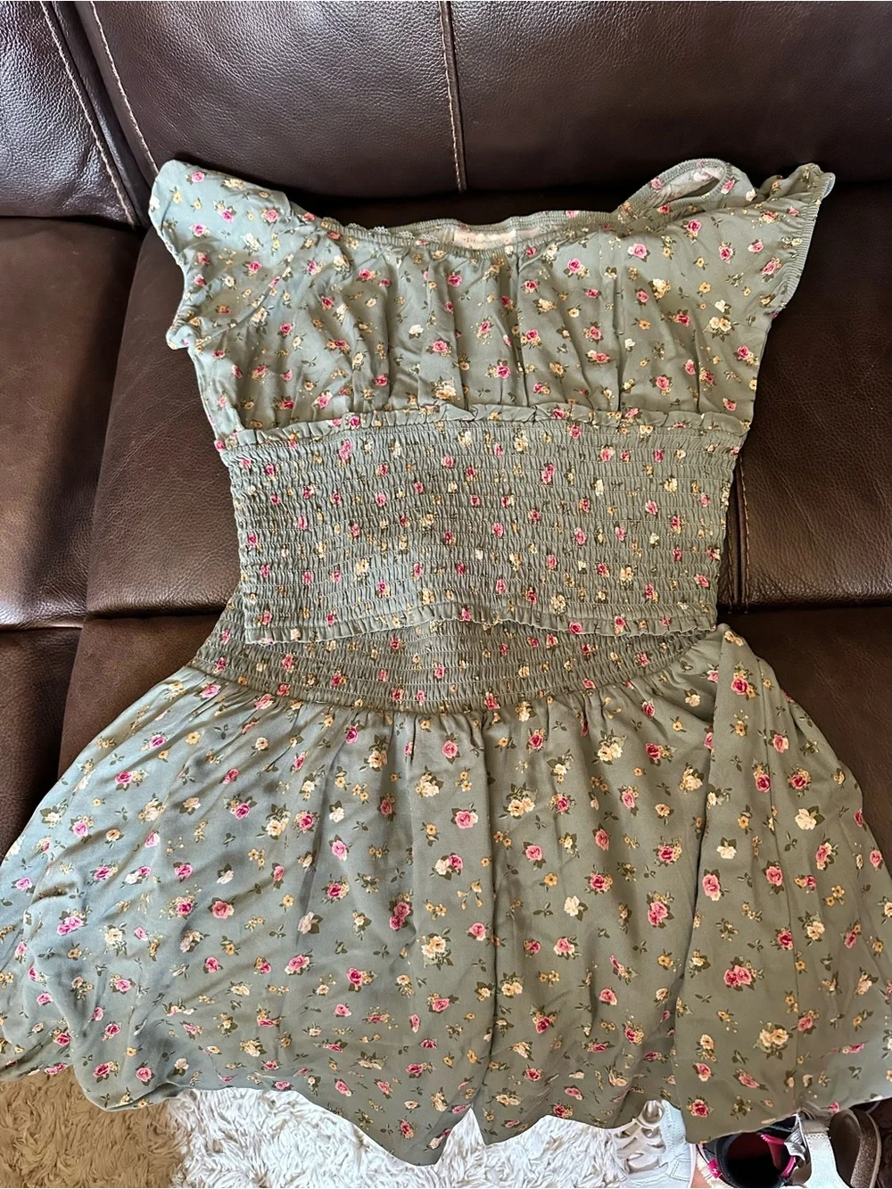 The Children's Place Olive Green Floral Smocked Dress with Pink & Cream Flowers